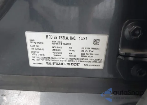 2021 Tesla Model S Long Range Dual Motor All-Wheel Drive из США, поврежденный, VIN 5YJSA1E57MF430387